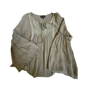 Vintage Byer California Boho Lace Tie Neck Bell Sleeve Peasant Blouse Green